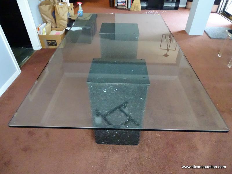 (DR) GLASS TOP DINING TABLE; BEVELED EDGE, DINING TABLE WITH A DOUBLE PEDESTAL, BLACK CULTURED