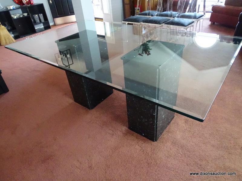 (DR) GLASS TOP DINING TABLE; BEVELED EDGE, DINING TABLE WITH A DOUBLE PEDESTAL, BLACK CULTURED