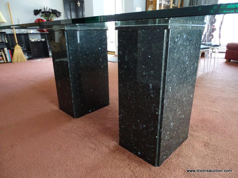 (DR) GLASS TOP DINING TABLE; BEVELED EDGE, DINING TABLE WITH A DOUBLE PEDESTAL, BLACK CULTURED