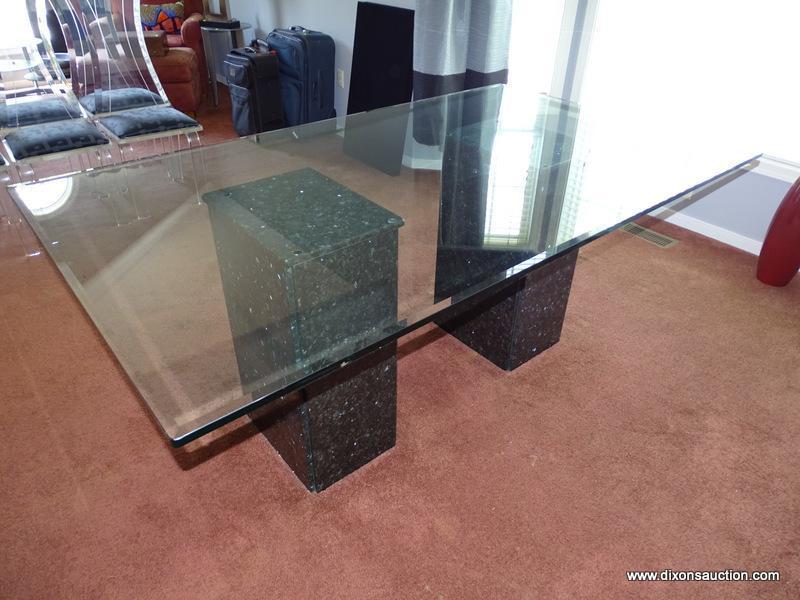 (DR) GLASS TOP DINING TABLE; BEVELED EDGE, DINING TABLE WITH A DOUBLE PEDESTAL, BLACK CULTURED