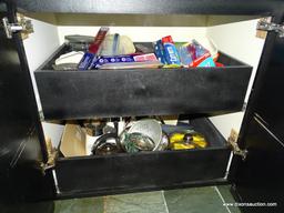 (KIT) CABINET LOT (DRAWER AND SHELF); LOT CONSISTS OF 2 COLANDERS, TEAPOT, FOOD CHOPPER, PYREX FOOD