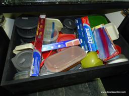 (KIT) CABINET LOT (DRAWER AND SHELF); LOT CONSISTS OF 2 COLANDERS, TEAPOT, FOOD CHOPPER, PYREX FOOD