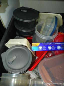 (KIT) CABINET LOT (DRAWER AND SHELF); LOT CONSISTS OF 2 COLANDERS, TEAPOT, FOOD CHOPPER, PYREX FOOD