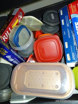 (KIT) CABINET LOT (DRAWER AND SHELF); LOT CONSISTS OF 2 COLANDERS, TEAPOT, FOOD CHOPPER, PYREX FOOD