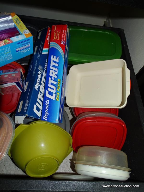 (KIT) CABINET LOT (DRAWER AND SHELF); LOT CONSISTS OF 2 COLANDERS, TEAPOT, FOOD CHOPPER, PYREX FOOD