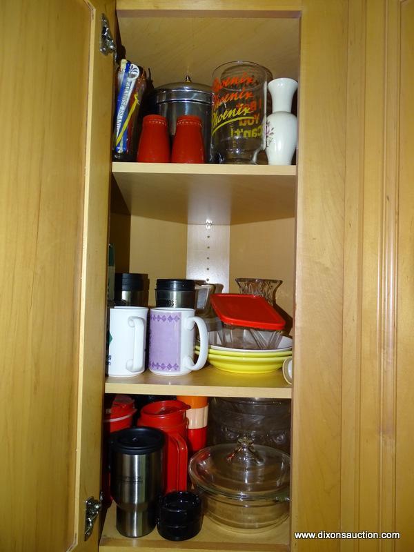 (KIT) 3 SHELVES OF CABINET; CABINET LOT INCLUDES BAKING DISHES, ICE BUCKET, THERMOS, MUGS, STAINLESS