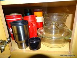 (KIT) 3 SHELVES OF CABINET; CABINET LOT INCLUDES BAKING DISHES, ICE BUCKET, THERMOS, MUGS, STAINLESS