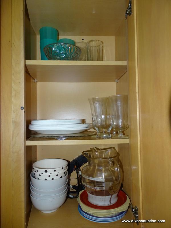 (KIT) 3 SHELVES OF CABINET; LOT INCLUDES- CORELLE PLATES, ETCHED TEA GLASSES, PAINTED 8 IN LEMONADE