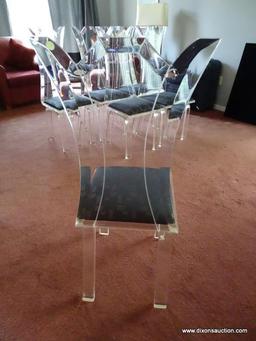 (DR) SET OF LUCITE DINING CHAIRS; 6 PIECE SET OF MID CENTURY MODERN, LUCITE DINING CHAIRS WITH A