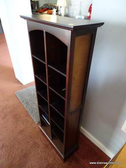 (DR) PIER 1 IMPORTS CD RACK; MAHOGANY FINISHED CD RACK WITH 10 ADJUSTABLE SHELVES. MEASURES 16.5" X