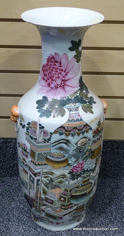 (LEFT WALL) ORIENTAL VASE; EARLY 20TH CEN. ROSE MEDALLION VASE WITH APPLIED LION HEADS- 24 IN H