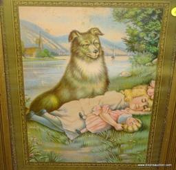 (LEFT WALL) FRAMED VICTORIAN PRINT; FRAMED 1906 VICTORIAN PRINT OF GIRL AND DOG TITLED " TOUCH HER