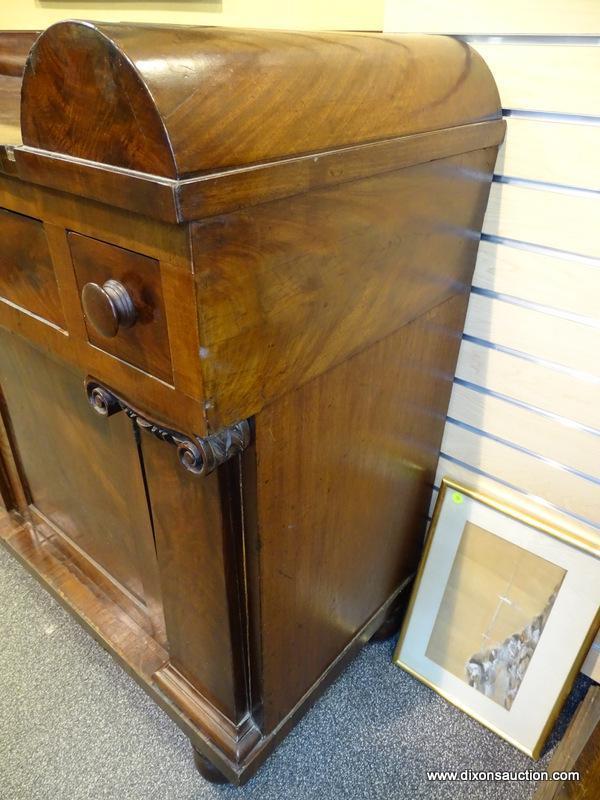 (LEFT WALL) EMPIRE SIDEBOARD; 19TH CEN. MAHOGANY EMPIRE SIDEBOARD- HAS UNUSUAL ROUNDED EDGE GALLERY