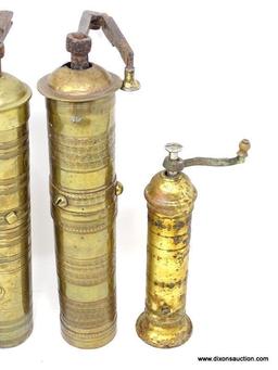 (LEFT WALL) BRASS PEPPER GRINDERS; FOUR MIDDLE EASTERN BRASS PEPPER GRINDERS- 3- 12 IN H AND 1- 8 IN