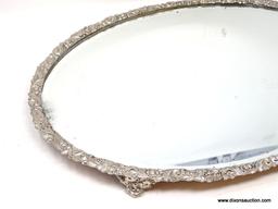(LEFT WALL) OVAL MIRRORED PLATEAU; SILVER-PLATE AND BEVELED EDGED FOOTED MIRRORED PLATEAU WITH GRAPE
