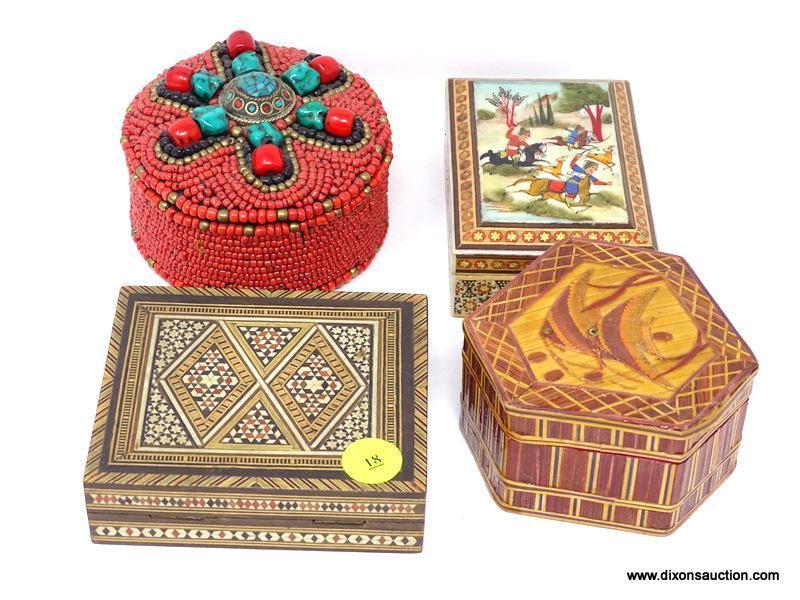 (LEFT WALL) 4 TRINKET BOXES; MAHOGANY MIDDLE EASTERN INLAID TRINKET BOX- 4 IN X 4 IN, MIDDLE EASTERN