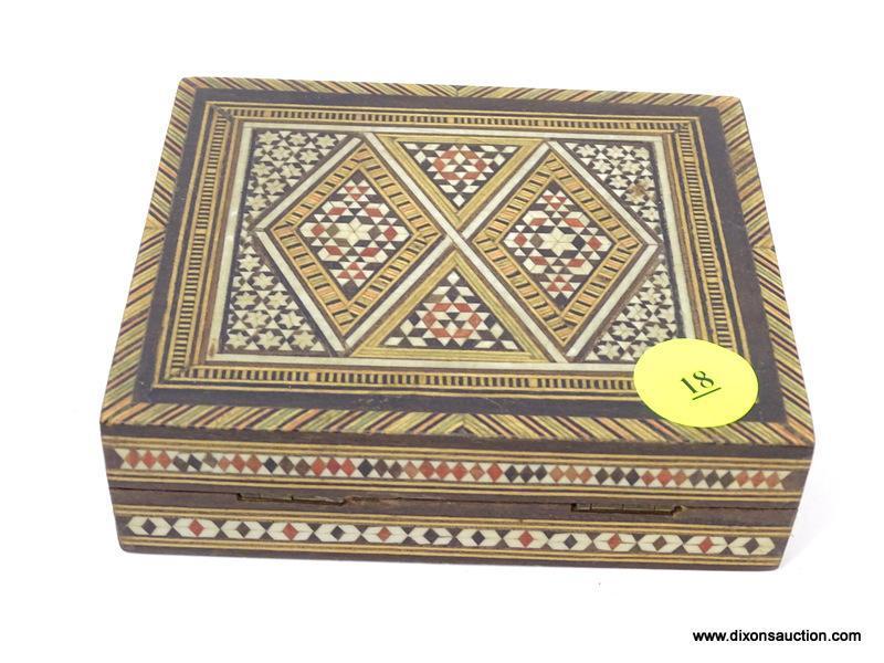 (LEFT WALL) 4 TRINKET BOXES; MAHOGANY MIDDLE EASTERN INLAID TRINKET BOX- 4 IN X 4 IN, MIDDLE EASTERN