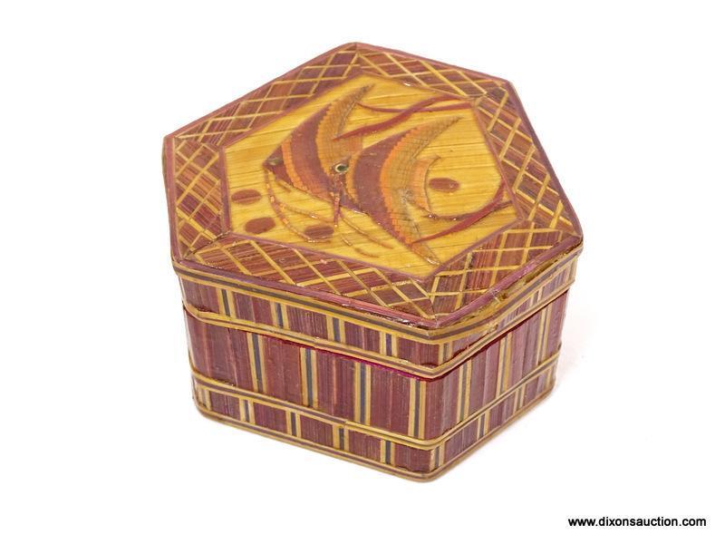 (LEFT WALL) 4 TRINKET BOXES; MAHOGANY MIDDLE EASTERN INLAID TRINKET BOX- 4 IN X 4 IN, MIDDLE EASTERN