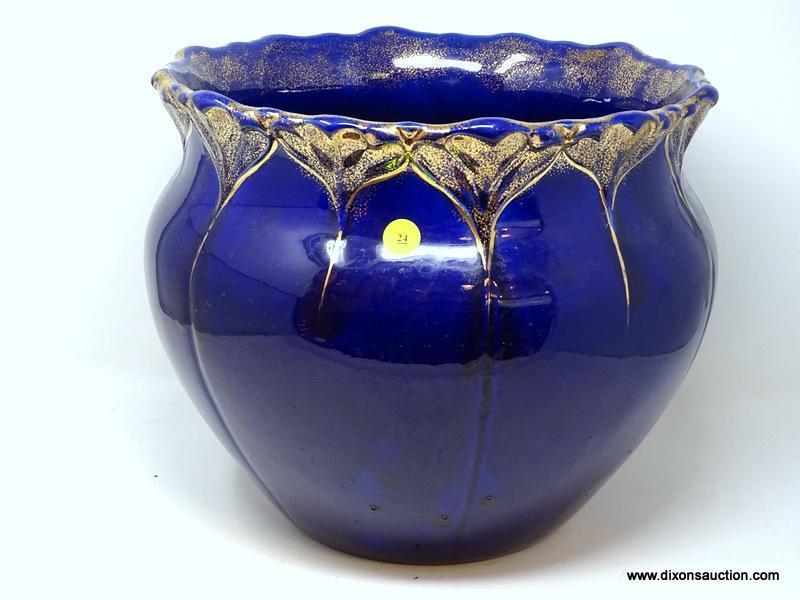 (LEFT WALL) ANTIQUE JARDENIERE; ANTIQUE COBALT BLUE AND GOLD PAINTED JARDINIERE- 13 IN DIA. X 12 IN