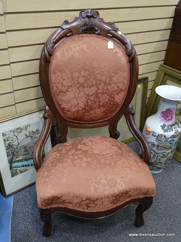 (LEFT WALL) VICTORIAN CHAIR; 19TH CEN. WALNUT VICTORIAN LADIES CHAIR- CARVED CREST, KNEES AND FEET