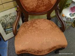 (LEFT WALL) VICTORIAN CHAIR; 19TH CEN. WALNUT VICTORIAN LADIES CHAIR- CARVED CREST, KNEES AND FEET