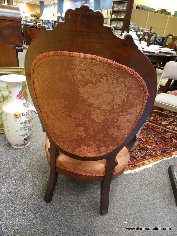 (LEFT WALL) VICTORIAN CHAIR; 19TH CEN. WALNUT VICTORIAN LADIES CHAIR- CARVED CREST, KNEES AND FEET