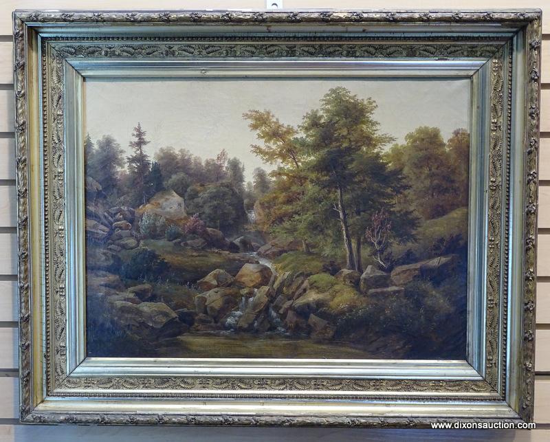 (LEFT WALL) 19TH CEN. OIL PAINTING; UNSIGNED 19TH CEN. OIL PAINTING OF A LANDSCAPE IN PERIOD GOLD