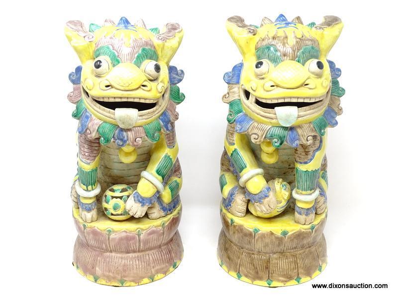 (LEFT WALL) FOO DOGS; PAIR OF ORIENTAL FOO DOGS WITH SCRIPT MARKING UNDER BASE- 15 IN H.