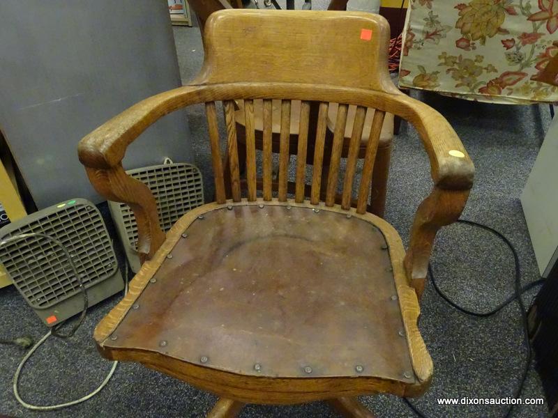 (R2) ANTIQUE CHAIR; ANTIQUE OAK OFFICE CHAIR ( NEEDS TO REPLACED ON BASE) -21 IN X 22 IN X 33 IN