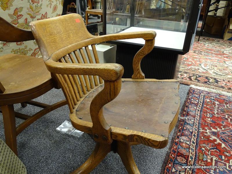 (R2) ANTIQUE CHAIR; ANTIQUE OAK OFFICE CHAIR ( NEEDS TO REPLACED ON BASE) -21 IN X 22 IN X 33 IN