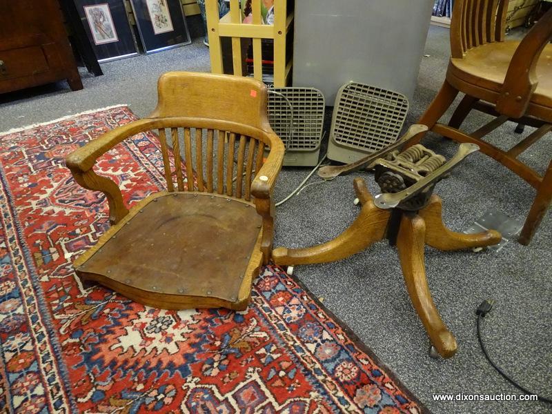 (R2) ANTIQUE CHAIR; ANTIQUE OAK OFFICE CHAIR ( NEEDS TO REPLACED ON BASE) -21 IN X 22 IN X 33 IN