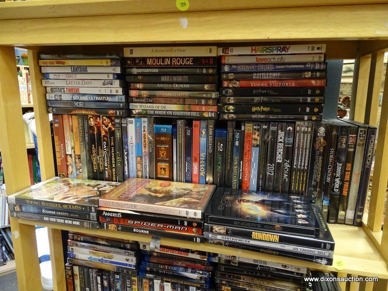 (R2) SHELF LOT OF DVD'S; LOT INCLUDES MUMMY; SPIDER-MAN, BOURNE IDENTITY, HUNGER GAMES AND