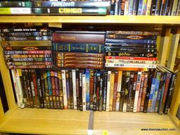 (R2) SHELF LOT OF DVDS; LOT INCLUDES 4 VOLUMES OF INDIANA JONES, OCEANS TWELVE, WOLVERINE, PIRATES