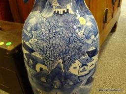 (R2) VINTAGE ORIENTAL VASE; VINTAGE BLUE AND WHITE VASE WITH VILLAGE SCENE ON ROSEWOOD BASE- 24 IN H