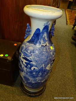 (R2) VINTAGE ORIENTAL VASE; VINTAGE BLUE AND WHITE VASE WITH VILLAGE SCENE ON ROSEWOOD BASE- 24 IN H