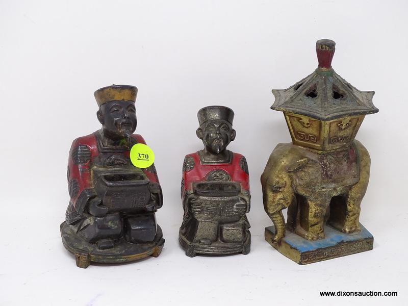 (R2) INCENSE BURNERS; 3 ORIENTAL INCENSE BURNERS- 2 METAL PAINTED ORIENTAL GENTLEMAN- 5.5 IN H., 4.5