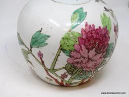 (R2) ANTIQUE MELLON JAR; ANTIQUE ORIENTAL HAND PAINTED MELON JAR OF FLOWER AND BIRDS WITH LID- 9