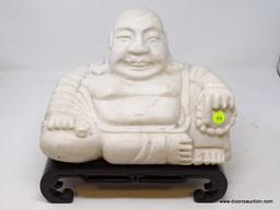 (R2) MARBLE BUDDHA; ORIENTAL MARBLE BUDDHA ON ROSEWOOD STAND- 12 IN X 6 IN X 11 IN