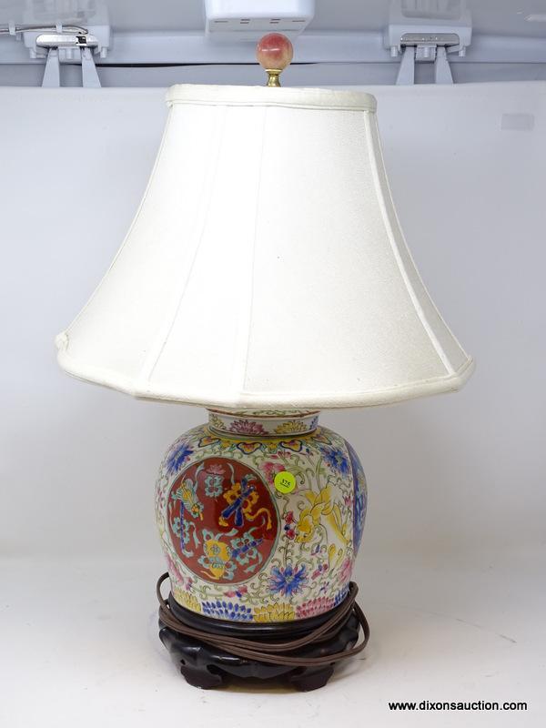 (R2) ORIENTAL LAMP; HAND PAINTED ORIENTAL PORCELAIN LAMP WITH CLOTH SHADE- 21 IN H