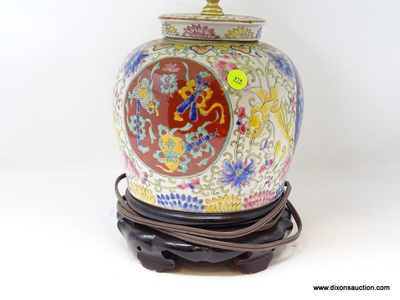 (R2) ORIENTAL LAMP; HAND PAINTED ORIENTAL PORCELAIN LAMP WITH CLOTH SHADE- 21 IN H