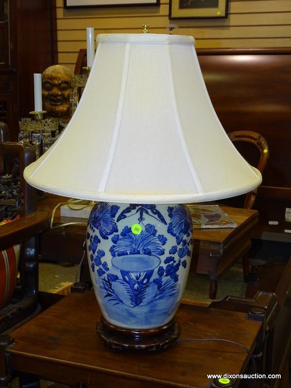 (R2) ORIENTAL LAMP; BLUE AND WHITE ORIENTAL LAMP ON ROSEWOOD BASE WITH CLOTH SHADE- 25 IN H