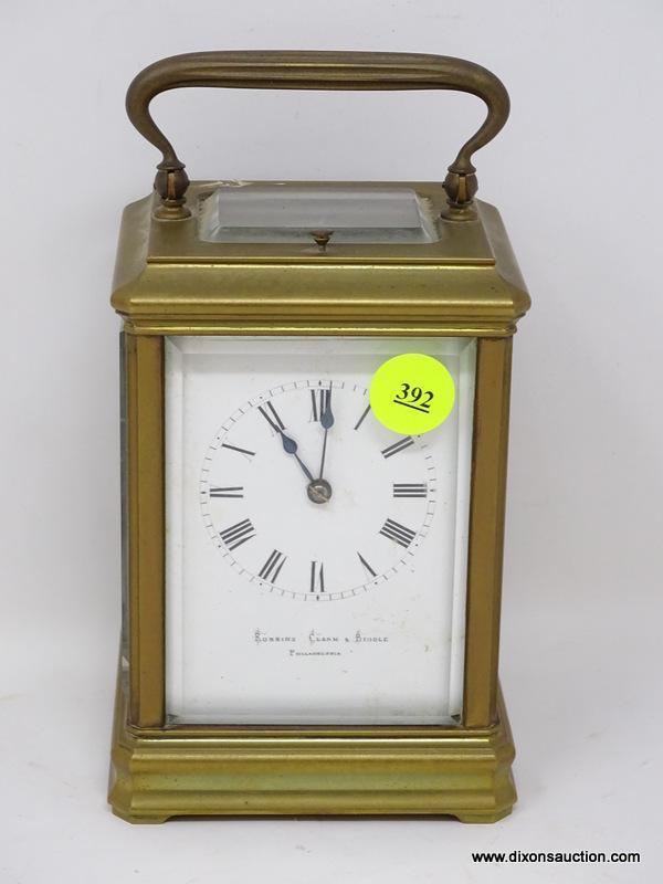 (R2) ANTIQUE CARRIAGE CLOCK; ANTIQUE BRASS ROBBINS CLARK AND BIDDLE CARRIAGE CLOCK WITH BEVELED