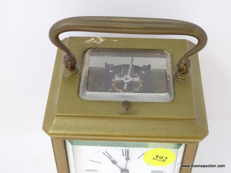 (R2) ANTIQUE CARRIAGE CLOCK; ANTIQUE BRASS ROBBINS CLARK AND BIDDLE CARRIAGE CLOCK WITH BEVELED