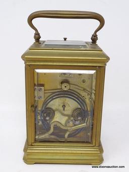 (R2) ANTIQUE CARRIAGE CLOCK; ANTIQUE BRASS ROBBINS CLARK AND BIDDLE CARRIAGE CLOCK WITH BEVELED