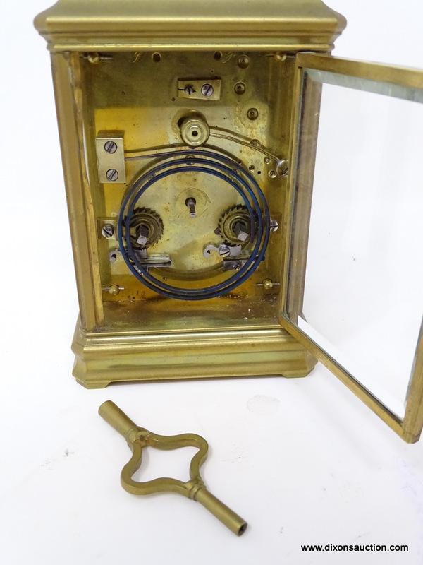 (R2) ANTIQUE CARRIAGE CLOCK; ANTIQUE BRASS ROBBINS CLARK AND BIDDLE CARRIAGE CLOCK WITH BEVELED