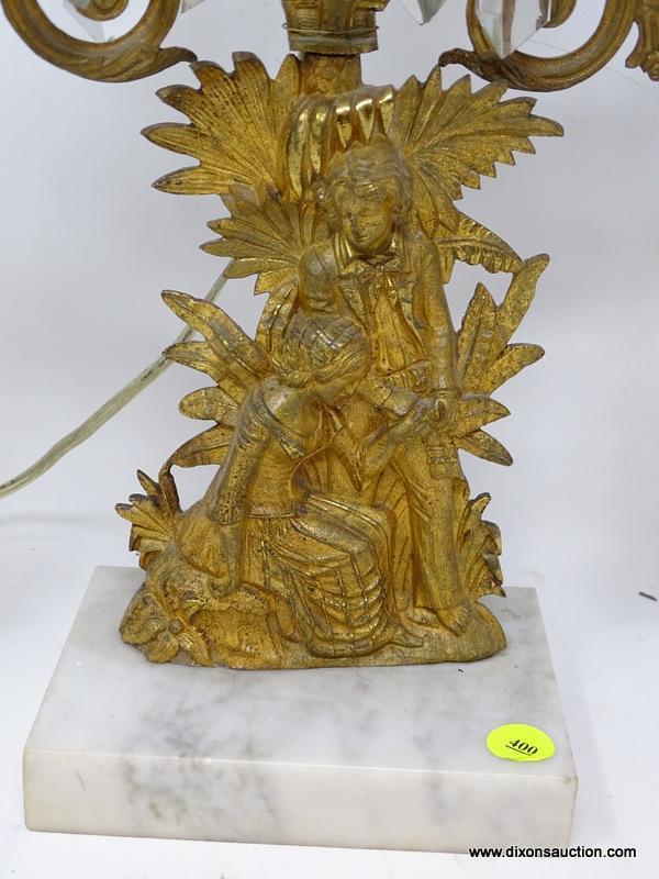 (R2) GIRANDOLE; 19TH CEN VICTORIAN BRASS AND MARBLE PRISMED GIRANDOLE OF MAN AND WOMAN, HA BEEN