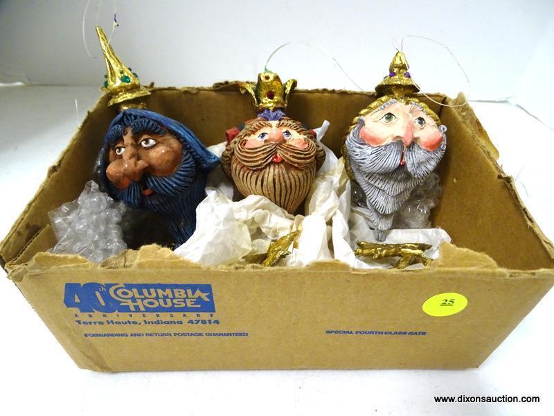 (BR) LOT OF COMPOSITE KING ORNAMENTS; 3 PIECE LOT OF COMPOSITE, KING HEAD ORNAMENTS WITH HANGING