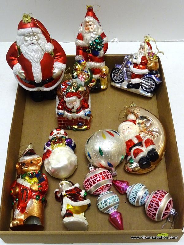 (BR) TRAY LOT OF GLASS ORNAMENTS; 11 PIECE LOT OF GLASS ORNAMENTS TO INCLUDE A LARGE SANTA, SANTA