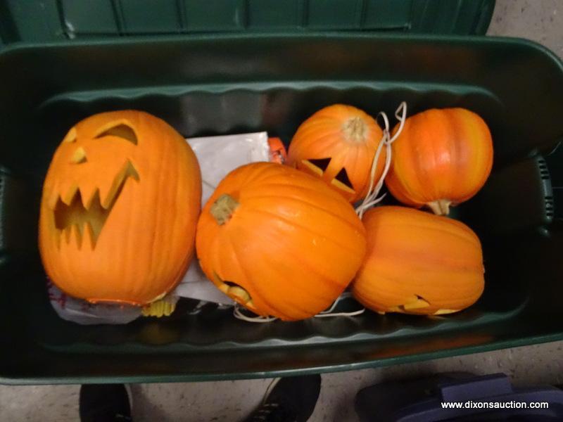 (SHELVES) LOT OF JACK-O-LANTERNS; 5 PIECE LOT OF WIRED, LIGHTED JACK-O-LANTERNS.