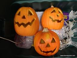 (SHELVES) LOT OF JACK-O-LANTERNS; 5 PIECE LOT OF WIRED, LIGHTED JACK-O-LANTERNS.